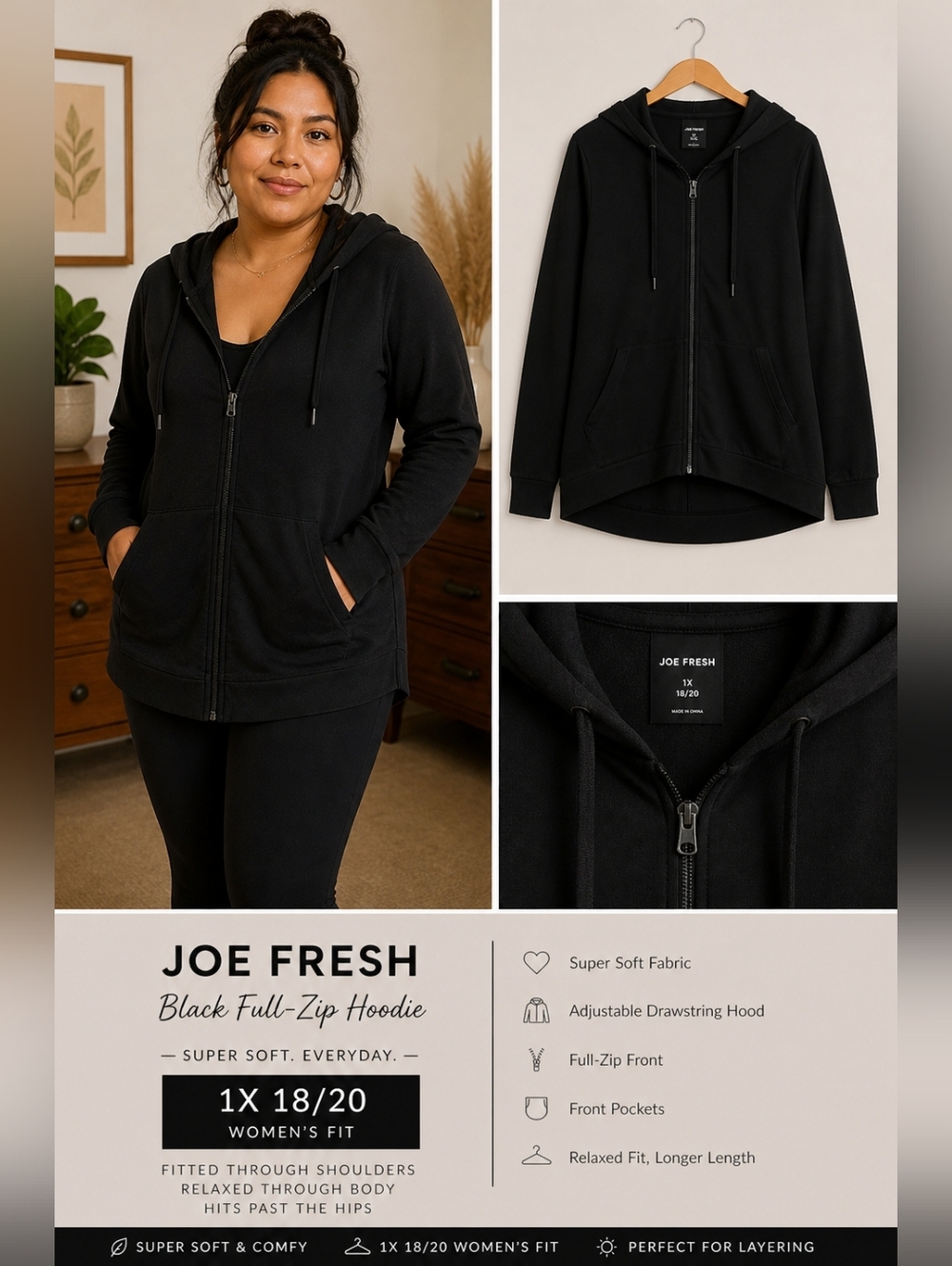 Black Full-Zip Hoodie with Drawstring Hood Size 1X 18/20 Joe Fresh Super Soft
